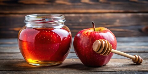 Wall Mural - Close-up of whole red apple and jar of honey with dipper