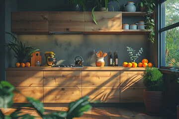 Wall Mural - Kitchen with a wooden countertop and a potted plant. Room is well lit and has a warm, inviting atmosphere