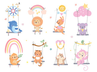 Wall Mural - Animals riding on swings. Cartoon animal on swing, lion hamster dolphin tiger sloth koala. Funny childish wild characters, nowaday vector set