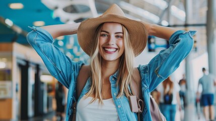 Poster - A woman wearing a straw hat and a blue jacket is smiling