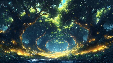 Illustration of ancient forest inhabited by mythical creatures with towering trees and magical light effects