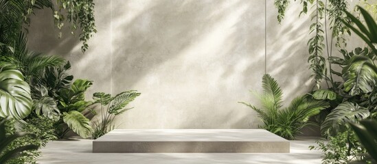 Aufkleber - Green foliage and stone tiles presentation light podium and surfaces 3D visualization
