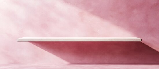 Poster - Front view of an empty shelf against a pink wall showcasing a modern minimalistic design Display for showcasing room shelves Realistic 3D rendering