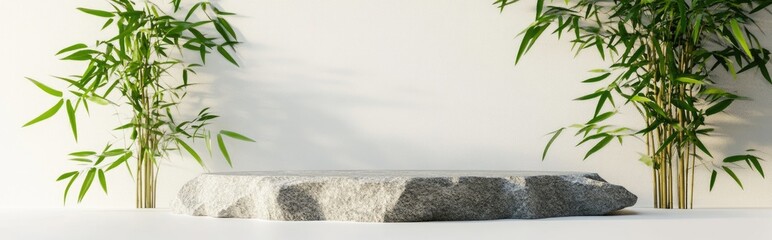 Aufkleber - Stone display podium adorned with bamboo leaves on a white background 3D rendering