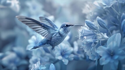 Wall Mural - Hummingbird In Flight, A Blue Oasis