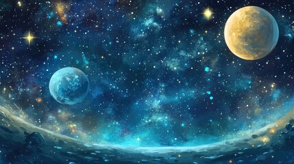 2D illustration featuring a whimsical space backdrop Depicts deep interstellar themes with stars planets and moons ideal for imaginative science fiction scenes for children