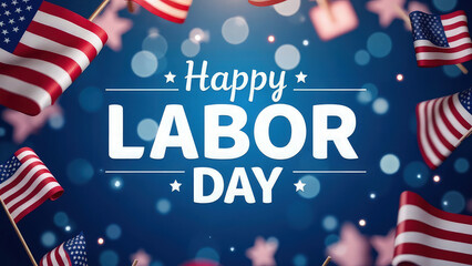 Wall Mural - Realistic stock photo style with Happy Labor Day text in bold white font, overlaid on a softly defocused blue bokeh lights background, framed by a border of small, waving American flags