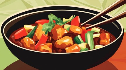 Cartoon illustration of a traditional chicken kung pao dish featuring vegetables and chopsticks Ideal for menus and designs focused on Asian cuisine