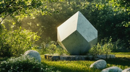 Poster - Minimalistic 3D rendering of a geometric shape in a natural green setting Illustration