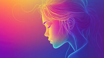 Poster - Colorful gradient line illustration of a fatigued cartoon female character