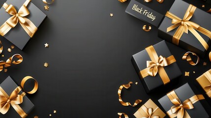 Wall Mural - Black Friday Sale Background with Gold Gifts and Ribbon