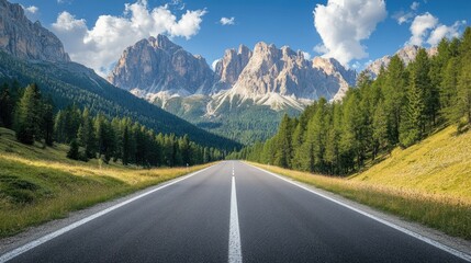 Wall Mural - An empty country road winding through Venegia Valley, surrounded by high-altitude dolomite peaks.