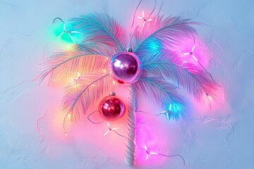 Poster - Tropical Christmas Neon Light Drawing Hyperrealistic Palm Tree with Ornaments in Pink and Blue Tones, Minimalistic Glow Effect, Top View