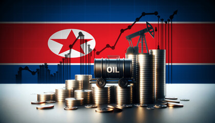 Stacks of coins with oil barrels and a pumpjack against the North Korea flag, symbolizing the economic impact of the oil industry on economy and financial markets.