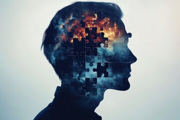 Canvas Print - Memory storage Neuroimaging Side profile of a man with a brain composed of glowing puzzle pieces symbolizing the process of solving complex intellectual problems