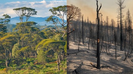 Side-by-side imagery contrasting a lush green forest and a forest devastated by wildfire.