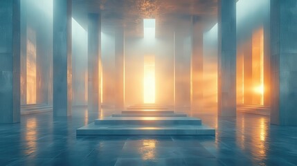 Poster - futuristic zen sanctuary a minimalist interior with soaring concrete columns bathed in soft ambient light creating an atmosphere of tranquil futurism and architectural purity