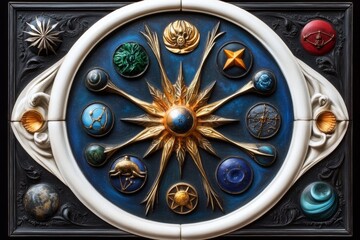 Wall Mural - zodiac signs as alchemical symbols, illustrated in a scene where each zodiac sign is depicted as an 