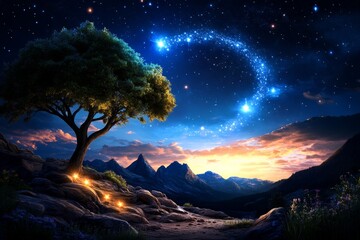 Wall Mural - zodiac signs as guiding stars, depicted in an artwork where each zodiac sign is a bright star in the