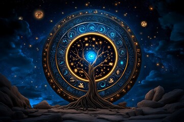 zodiac signs in a celestial family tree, captured in an artwork where the zodiac signs are branches 