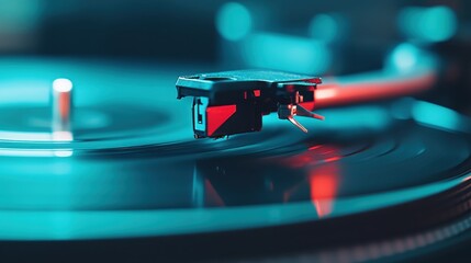 A compelling close-up of a vinyl record on a turntable with a stylus in deep and moody lighting, bringing forth the essence of nostalgic and immersive audio experiences.