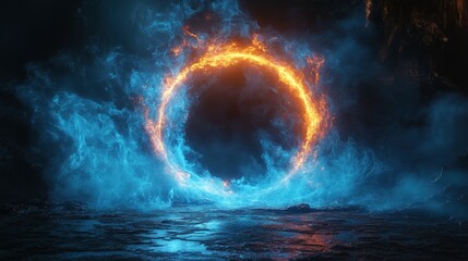 Wall Mural - A glowing orange fire ring surrounded by blue smoke and water in a dark setting.