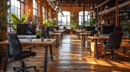 Wall Mural - a beautifully designed modern office space featuring wooden flooring, large windows, and an arrangem