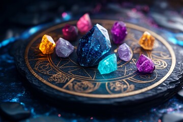 Wall Mural - zodiac signs with their associated crystals, depicted in a scene where each zodiac sign is paired wi