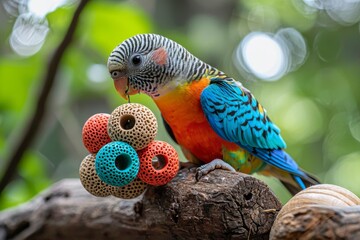 A Colorful Parrot Perched on a Branch Playing with a Toy