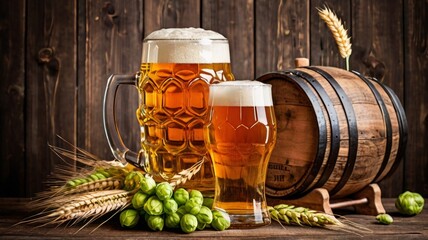 Beer mug with frothy ale, hops, and barley on rustic wooden table and barrel.