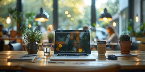 Wall Mural - A cozy workspace in a modern cafe setting with a laptop, a coffee cup, a glass of water, and plants on a wooden table, illuminated by soft, warm lighting from overhead lamps
