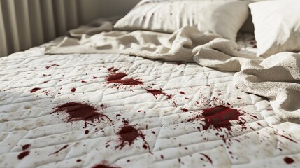 Bloodstains splattered across a white mattress and blanket, creating a shocking and eerie scene on a bed.