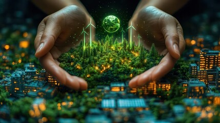 hands cupping miniature forest emerging from soil renewable energy symbols hover above solar panels and wind turbines integrated into landscape globe nestled within ethereal green glow