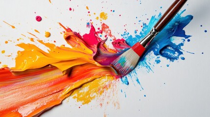 A paintbrush is dipped into a palette of paint, creating a colorful swirl on a canvas. Concept of creativity and artistic expression, as the brush strokes blend together to form a vibrant