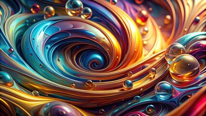 Wall Mural - Dynamic Fluid Abstract Art with Swirling Metallic and Colorful Elements Close-Up