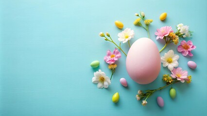 Easter egg and bloom assembly on a pastel blue surface