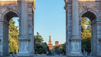 Canvas Print - Arch of Peace in Simplon Square timelapse at sunset. It is a neoclassical triumph arch