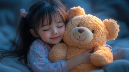 heartwarming digital illustration of a little girl in pajamas hugging a oversized worn teddy bear soft pastel colors and gentle lighting creating a cozy nostalgic atmosphere