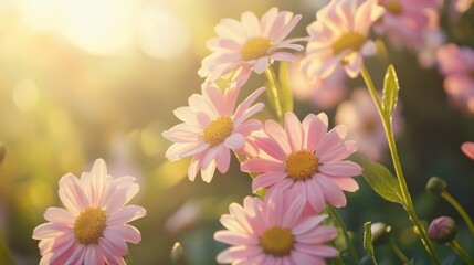 Canvas Print - Bird's-eye view of pink daisies in garden.