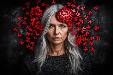 Canvas Print - Brain function Brain derived neurotrophic factor Older woman with puzzle pieces integrated into her hair symbolizing the complexity of memory and the struggle to retain identity with age