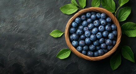 Wall Mural - Freshly picked blueberries in a woven basket with green leaves on a dark surface