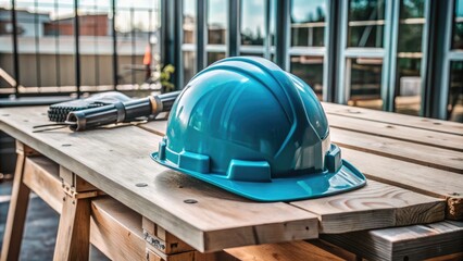 High-resolution stock photo of a construction helmet placed on a rustic wooden table, with natural lighting casting soft shadows