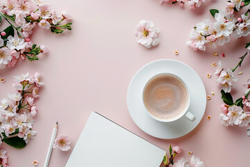 Wall Mural - Flat lay white coffee cup on a table with a pink background and flower