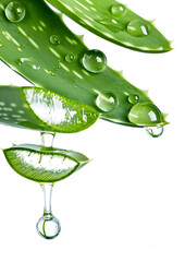 Wall Mural - Transparent essence from aloe vera plant drips from leaves, isolated on white background