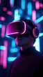 © BoOm - A person wearing a VR headset in a vibrant and colorful futuristic environment, showcasing immersive technology experience.