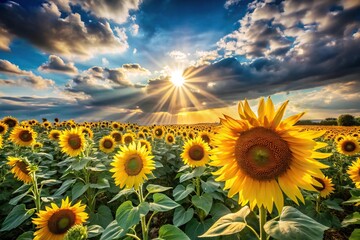 Wall Mural - Field of sunflowers under a cloudy sky, worm's eye view