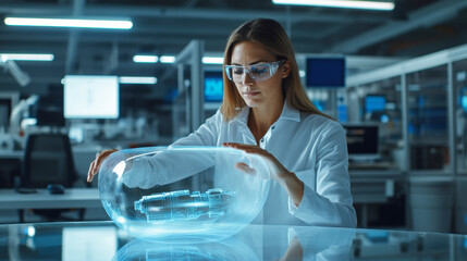 Woman in casual dress and glasses interacts with holographic 3D model of robot legs on transparent table in modern industrial factory.