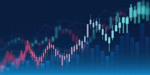 Wall Mural - abstract financial graph with uptrend line and bar chart of stock market on blue color background