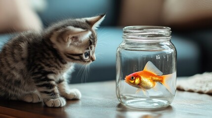 Wall Mural - Little kitten crouches and stares intently at a goldfish in a jar on the coffee table, ready to pounce, showing hunter instincts