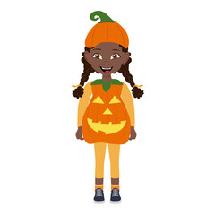 Wall Mural - Flat Vector Illustration of Cute African American Kid Girl Wearing a Pumpkin Halloween Costume, Cartoon Character Set For Animation, Various Views, Poses and Gestures. Item 2